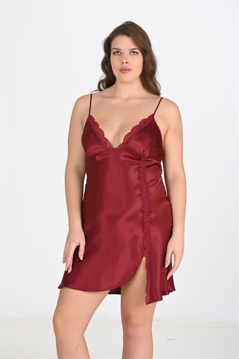Ahu-2li-Bordo-Sabahlik-Takimi-Bigsize-62-e034 Premium Büyük Beden Saten Dantel İşlemeli Bordo 2'li Gecelik Sabahlık Takımı Bigsize - Görsel 1