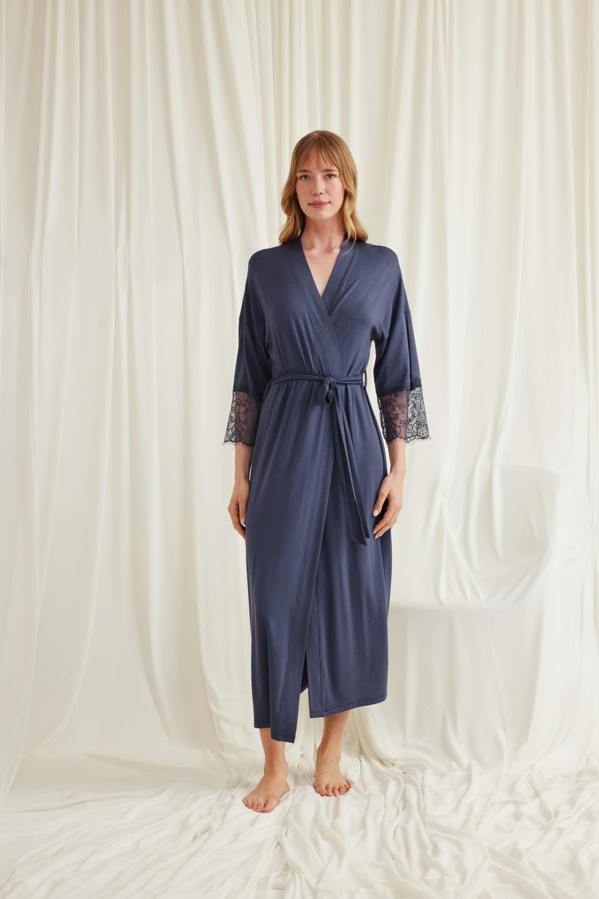 Dantelli-ve-Kusakli-Sabahlik-5176 Desire Closet Dantelli Ve Kuşaklı Sabahlık - Görsel 1
