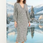 Desire Closet 0 Viskon Desenli Uzun Kollu Saten Elbise