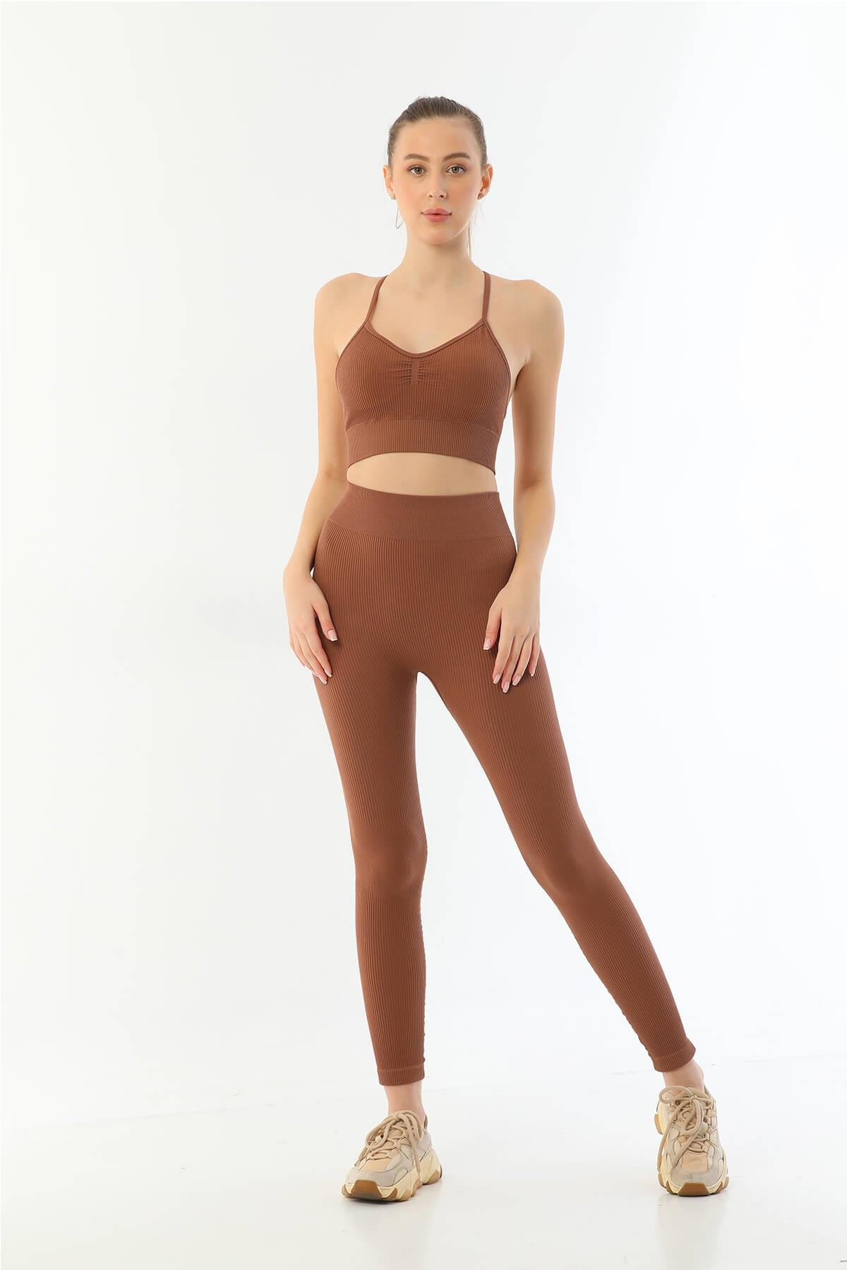 KAHVE-MI-Emay-3921-Soft-Seamless-Ripli-T-3023 Desire Closet Kahve Mi Emay 3921 Soft Seamless Ripli Tayt Yoga Takımı - Görsel 1