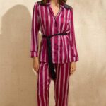 Desire Closet Saten Çizgili Düğmeli Uzun Kol Dantelli Gömlek Ve Pantolon Pijama Takım (9765)