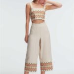 Desire Closet Askılı Oyuk U Yaka Geometrik Yazlık Uzun Nakış Detaylı Pijama Takımı