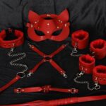 Kırmızı İçi Tüylü Maske,Kol,Bacak,Ağız Topu,Kırbaç,Tasma Harness Set
