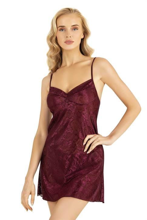 Primoda-Bordo-Kisa-Saten-Gecelik-8219-7936 Bordo Kısa Saten Gecelik 8219 - Görsel 1