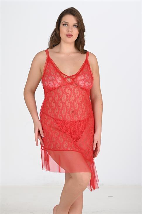 Primoda-Buyuk-Beden-Kirmizi-Gecelik-3047-0094 Büyük Beden Kırmızı Gecelik - Görsel 1