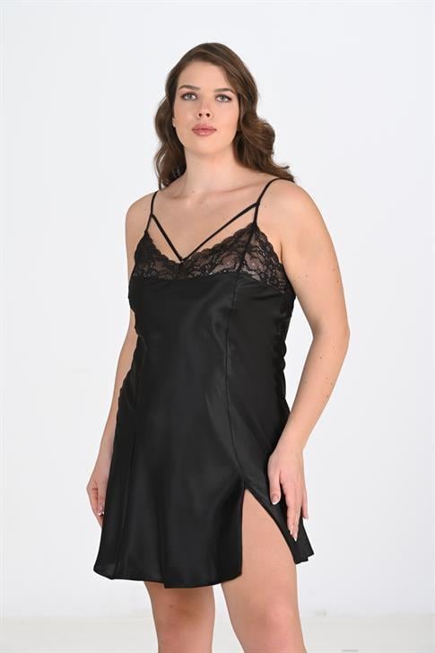 Primoda-Buyuk-Beden-Siyah-Gecelik-2103-357c Premium Büyük Beden Saten Dantel İşlemeli Siyah Gecelik Bigsize - Görsel 1