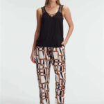 Desire Closet Sıfır Kol V Yaka Viskon Geometrik Yazlık Uzun İp Detaylı Pijama Takımı
