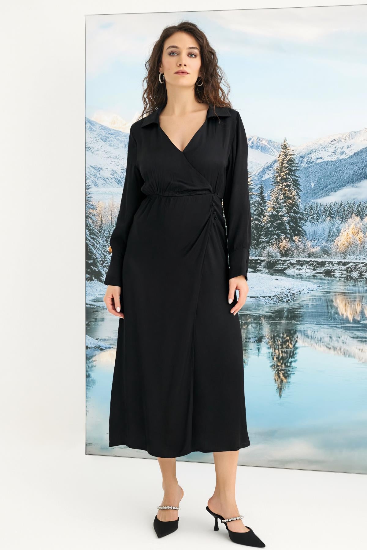 Uzun-Kollu-Saten-Elbise-d88b Desire Closet 0 Viskon Uzun Kollu Saten Elbise - Görsel 1