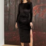 Desire Closet Uzun Kollu Yırtmaç Detaylı Kadife Elbise