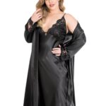 Aria's Closet Büyük Beden Siyah Uzun İkili Saten Sabahlık Gecelik Takımı