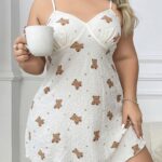 Desire Closet Büyük Beden Ayıcık Desenli İnce Askılı Mini Gecelik