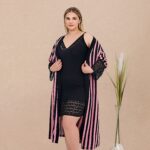 Desire Closet Büyük Beden Çizgi Desenli Dantel İşlemeli 2'Li Viskon Siyah Gecelik Sabahlık Takımı