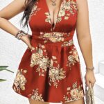 Desire Closet Büyük Beden Kahverengi Üstüne Çiçek Desenli Sırt Detaylı Elbise