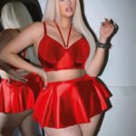 Desire Closet Büyük Beden Kırmızı Deri Görünümlü Etekli Fantezi Takım