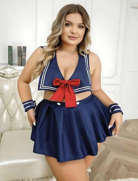 arias-closet-buyuk-beden-lacivert-bust-b8b9- Büyük Beden Lacivert Büstiyerli Kurdela Detaylı Mini Etekli Fantezi Denizci Kostümü - Görsel 1