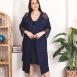 Desire Closet Büyük Beden Lacivert Dantel İşlemeli 2'Li Gecelik Sabahlık Takımı