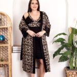 Desire Closet Büyük Beden Leopar Desenli Dantel İşlemeli 2'Li Viskon Gecelik Sabahlık Takımı