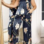 Desire Closet Büyük Beden Mavi Üstüne Çiçek Desenli İnce Askılı 2'Li Saten Pijama Takımı