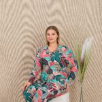 Desire Closet Büyük Beden Renkli Yaprak Desenli Düğmeli Uzun Kol Viskon Pijama Takımı