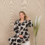 Desire Closet Büyük Beden Siyah Beyaz Kalp Desenli Düğmeli Uzun Kol Viskon Pijama Takımı