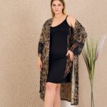 Desire Closet Büyük Beden Yılan Desenli Dantel İşlemeli 2'Li Viskon Siyah Gecelik Sabahlık Takımı
