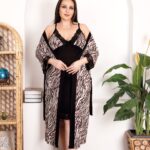 Desire Closet Büyük Beden Zebra Desenli Dantel İşlemeli 2'Li Viskon Gecelik Sabahlık Takımı