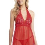Desire Closet Kırmızı Boyundan Bağlamalı Dantel İşlemeli Fantezi Tül Gecelik