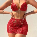 Desire Closet Kırmızı Transparan Dantel İşlemeli Zincir Detaylı Fantezi Takım