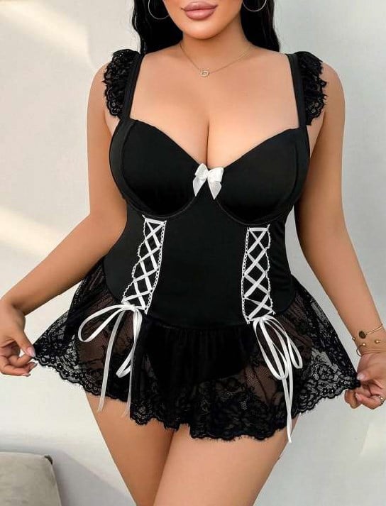 arias-closet-ozel-tasarim-buyuk-beden-2b-438 Desire Closet Özel Tasarım Büyük Beden Siyah Dantel İşlemeli Fantezi Hizmetçi Kostümü - Görsel 1