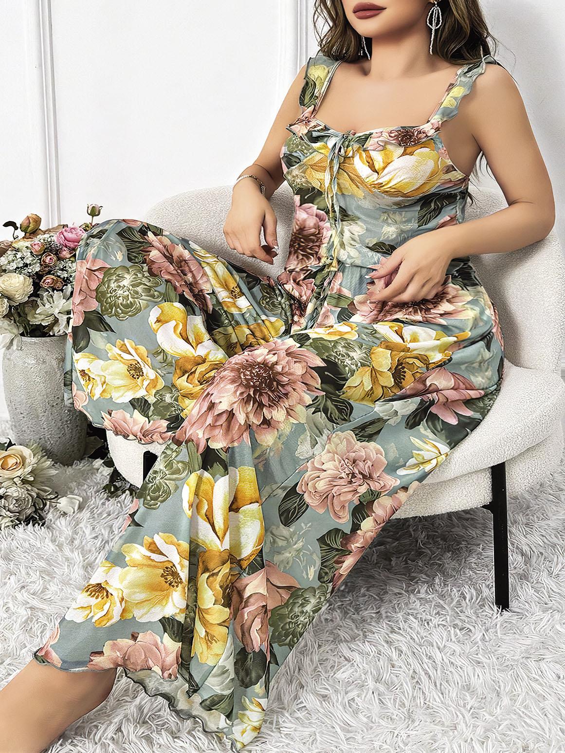 Compressed by jpeg-recompress Desire Closet Özel Tasarım Büyük Beden Çiçek Desenli 2'Li Pijama Takımı - Görsel 1