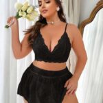 Desire Closet Özel Tasarım Büyük Beden Siyah Dantel İşlemeli Fantezi Mini Etekli Sütyen Takımı
