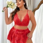 Desire Closet Özel Tasarım Büyük Beden Kırmızı Dantel İşlemeli Fantezi Etekli Sütyen Takımı