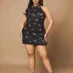 Desire Closet Özel Tasarım Büyük Beden Gold Payetli Parlak Işıltılı Siyah Mini Club Elbisesi