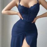 Desire Closet Özel Tasarım Fırfırlı Dantel İşlemeli Tül Fantezi Lacivert Gecelik