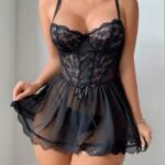 Desire Closet Özel Tasarım Siyah Dantelli Korse Görünümlü Çapraz İpli Tül Fantezi Gecelik