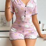Desire Closet Pamuklu Pembe Kuzu Desenli Düğmeli Uzun Kol Tulum Pijama