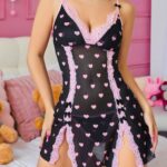 Desire Closet Siyah Kalp Desenli Dantel İşlemeli Fantezi Gecelik