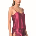 Bordo Saten Babydoll Şort Takımı