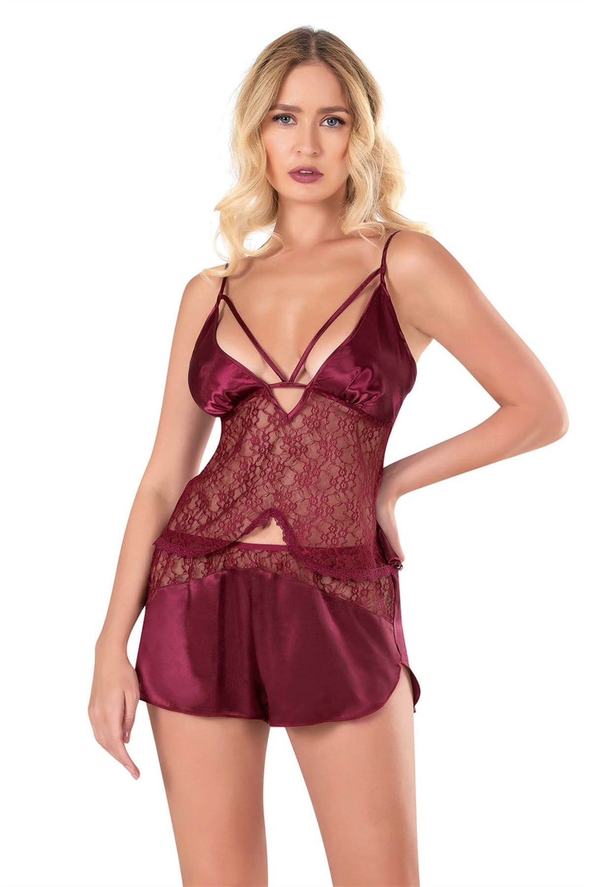 primoda-bordo-saten-babydoll-sort-takimi-4ae1 Bordo Saten Babydoll Şort Takımı - Görsel 1