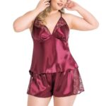 Büyük Beden Bordo Saten Babydoll Şort TakımI