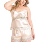 Büyük Beden Fildişi Saten Babydoll Şort Takımı