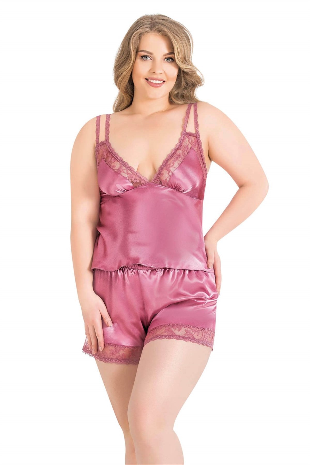 primoda-buyuk-beden-gul-kurusu-saten-bab-7e76 Büyük Beden Gül Kurusu Saten Babydoll Şort Takımı - Görsel 1