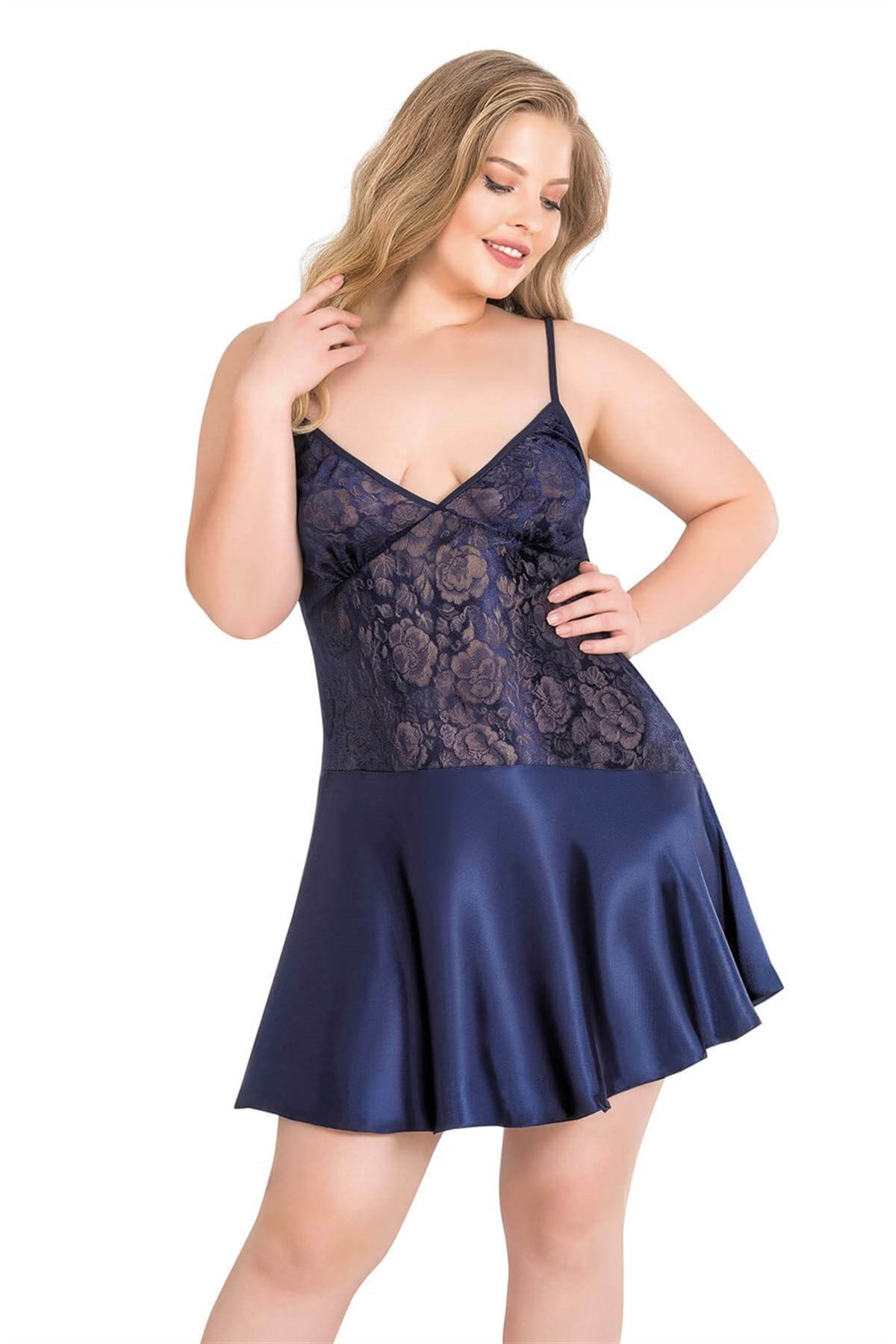 primoda-buyuk-beden-lacivert-kisa-saten-0038 Büyük Beden Lacivert Kısa Saten Gecelik - Görsel 1