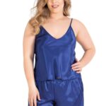 Büyük Beden Saks Saten Babydoll Şort Takımı
