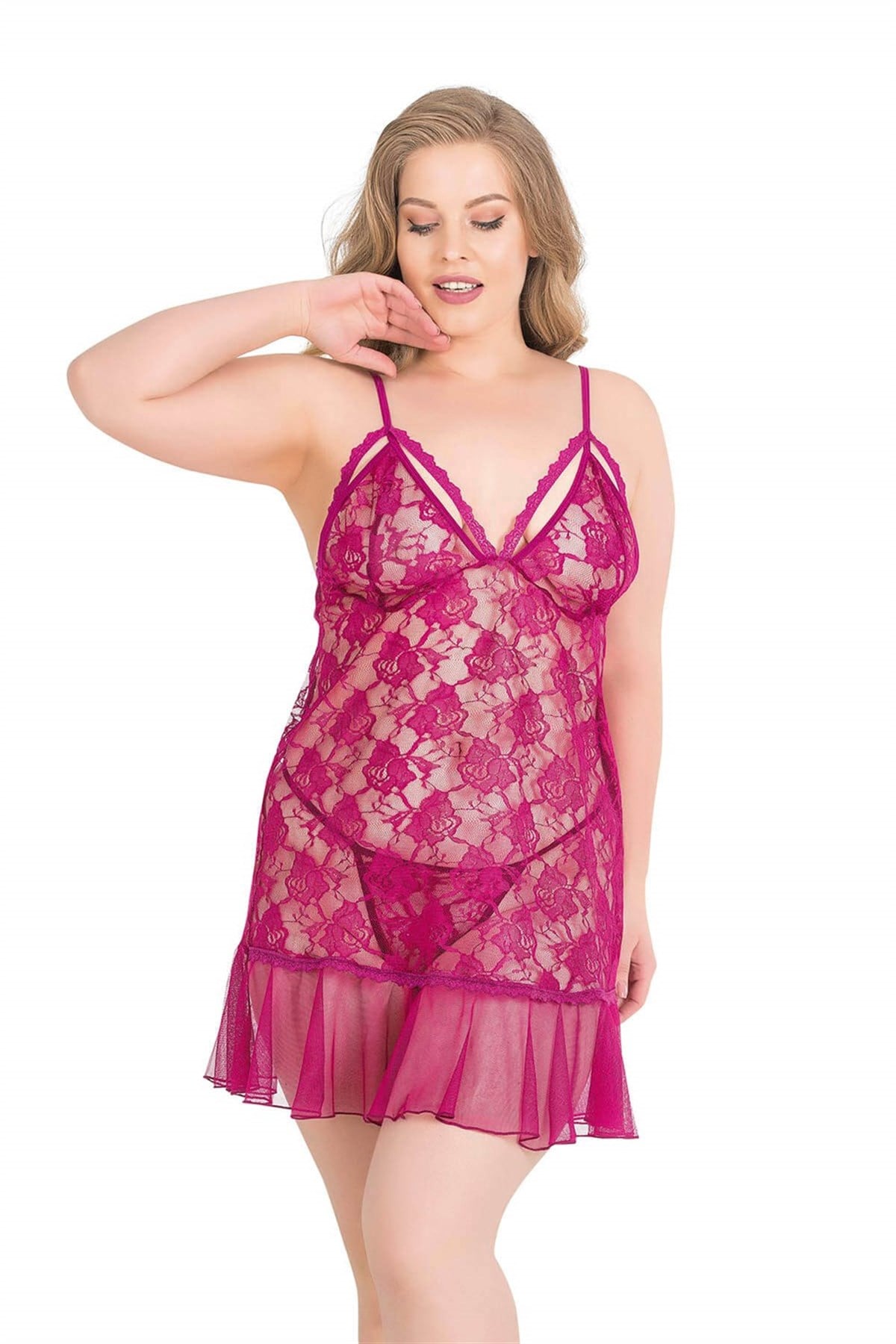 primoda-buyuk-beden-visne-kisa-tul-gecel-604c Büyük Beden Vişne Kısa Tül Gecelik - Görsel 1