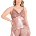 Büyük Beden Vizon Saten Babydoll Şort Takımı