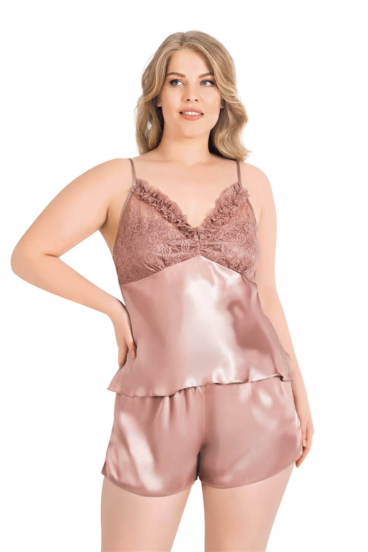 primoda-buyuk-beden-vizon-saten-babydoll-5f2c Büyük Beden Vizon Saten Babydoll Şort Takımı - Görsel 1