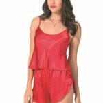 Kırmızı Saten Babydoll Şort Takımı