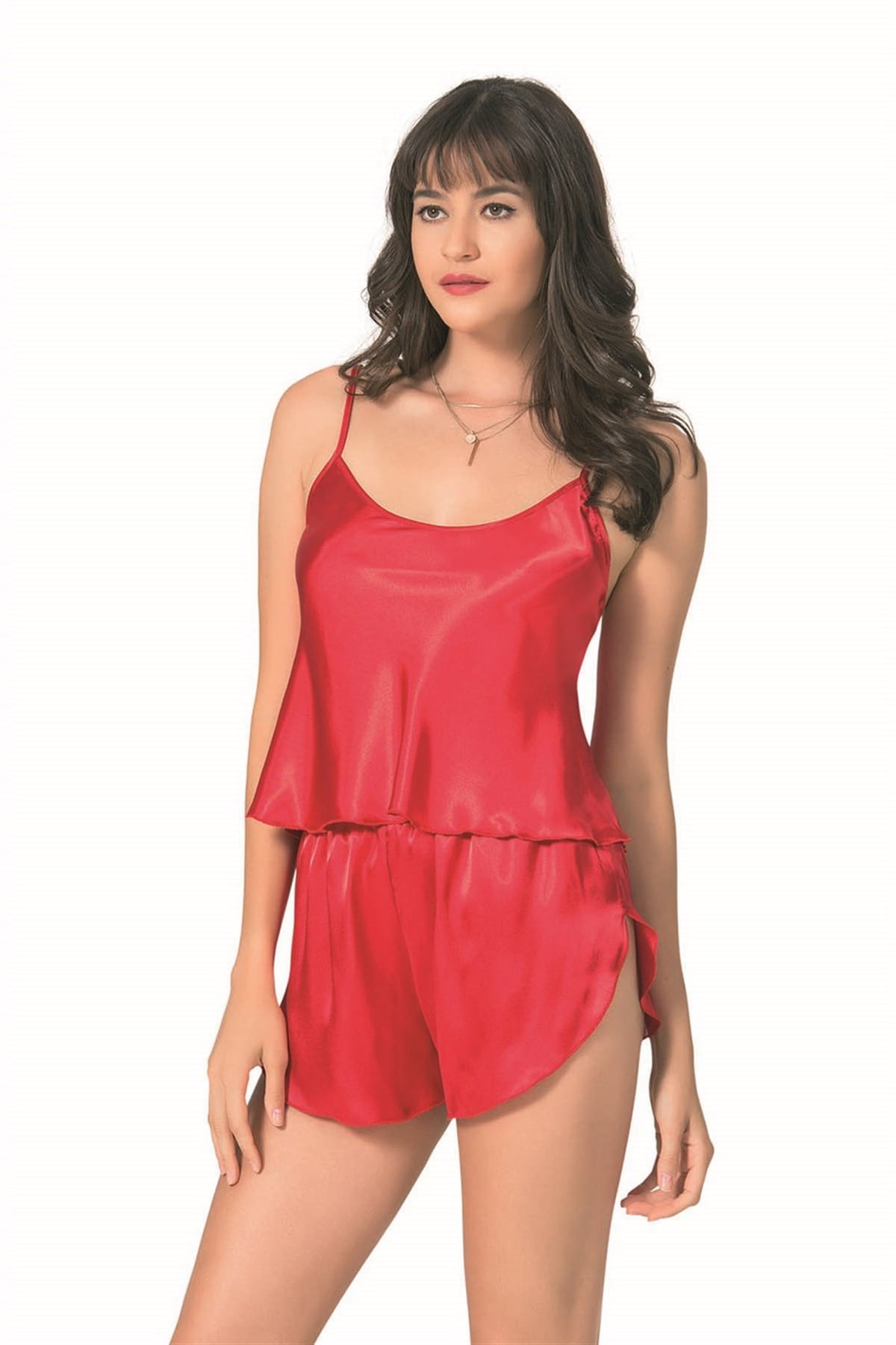 primoda-kirmizi-saten-babydoll-sort-taki-4543 Kırmızı Saten Babydoll Şort Takımı - Görsel 1