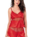 Kırmızı Saten Babydoll Şort Takımı